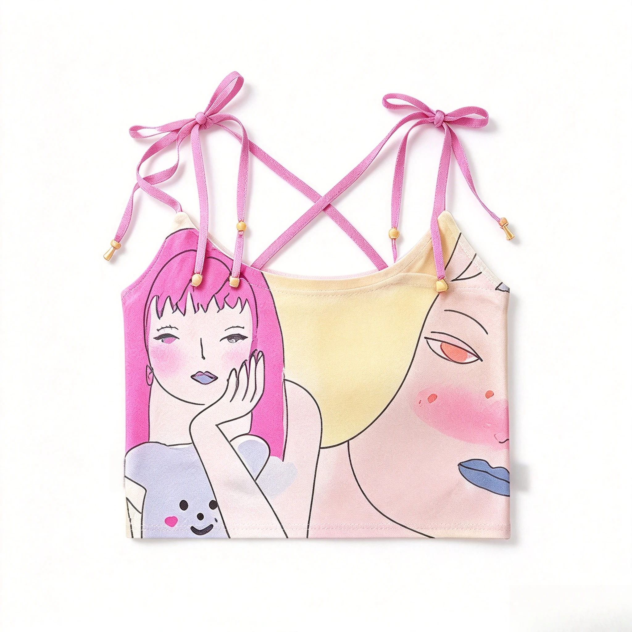 Hand Drawn Cartoon Figure Print Camisole Crisscross Back Adjustable Tie Straps Cropped Slim Fit Kawaii Summer Layering Tank Top