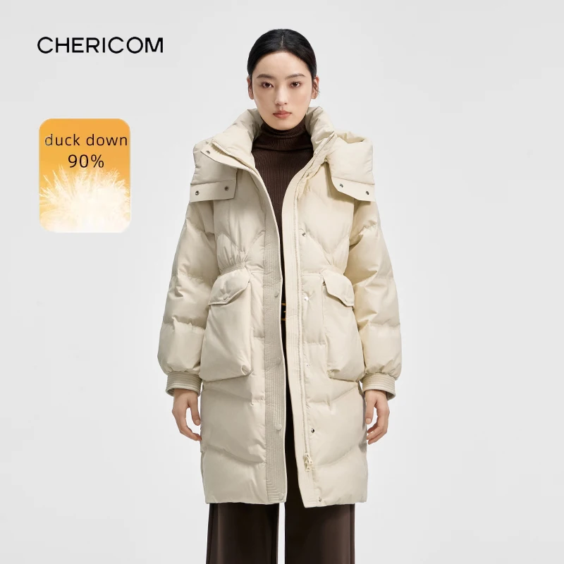 

Пуховик Chericom средней длины с большими карманами и клапаном, съемный капюшон, новый стеганый дизайн, свободный крой, элегантное пуховое пальто Y308135Y