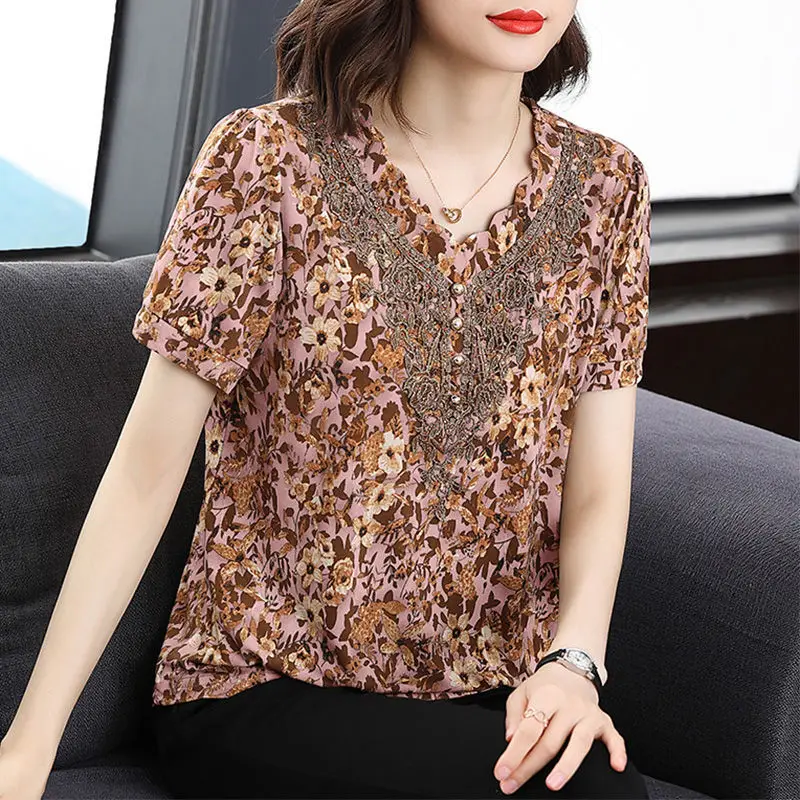 Floral Printing V-neck Women\'s Clothing Summer Casual Pullover Tops 2023 Women New Fashion Loose Lace Patchwork T-shirt