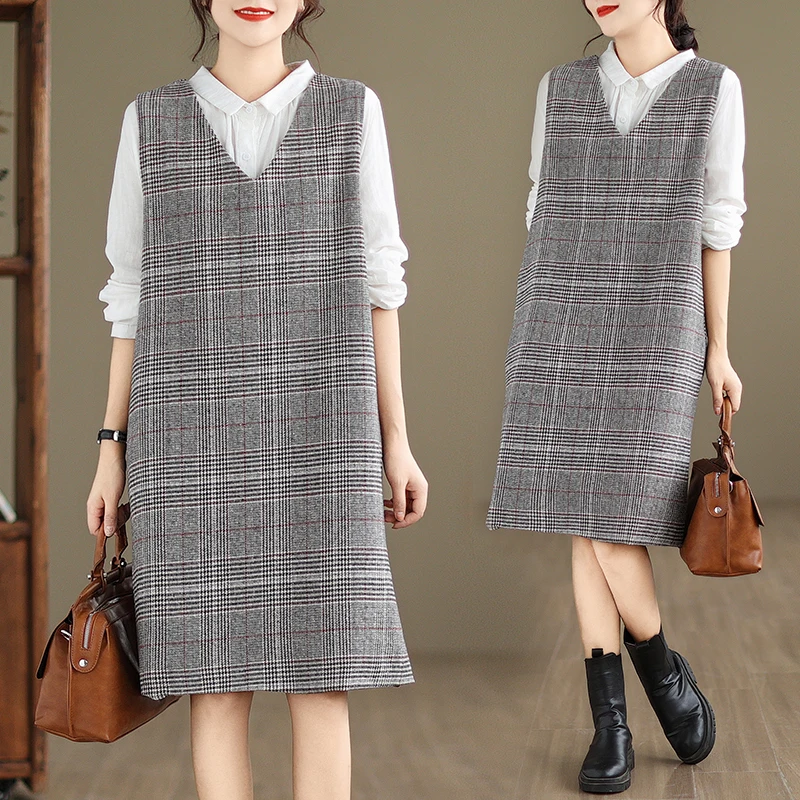 Jesienno-zimowa wełniana kamizelka w kratę Dr Women plus size z dekoltem w serek, elegancka kamizelka midi, modna koreańska kamizelka w kształcie litery A...