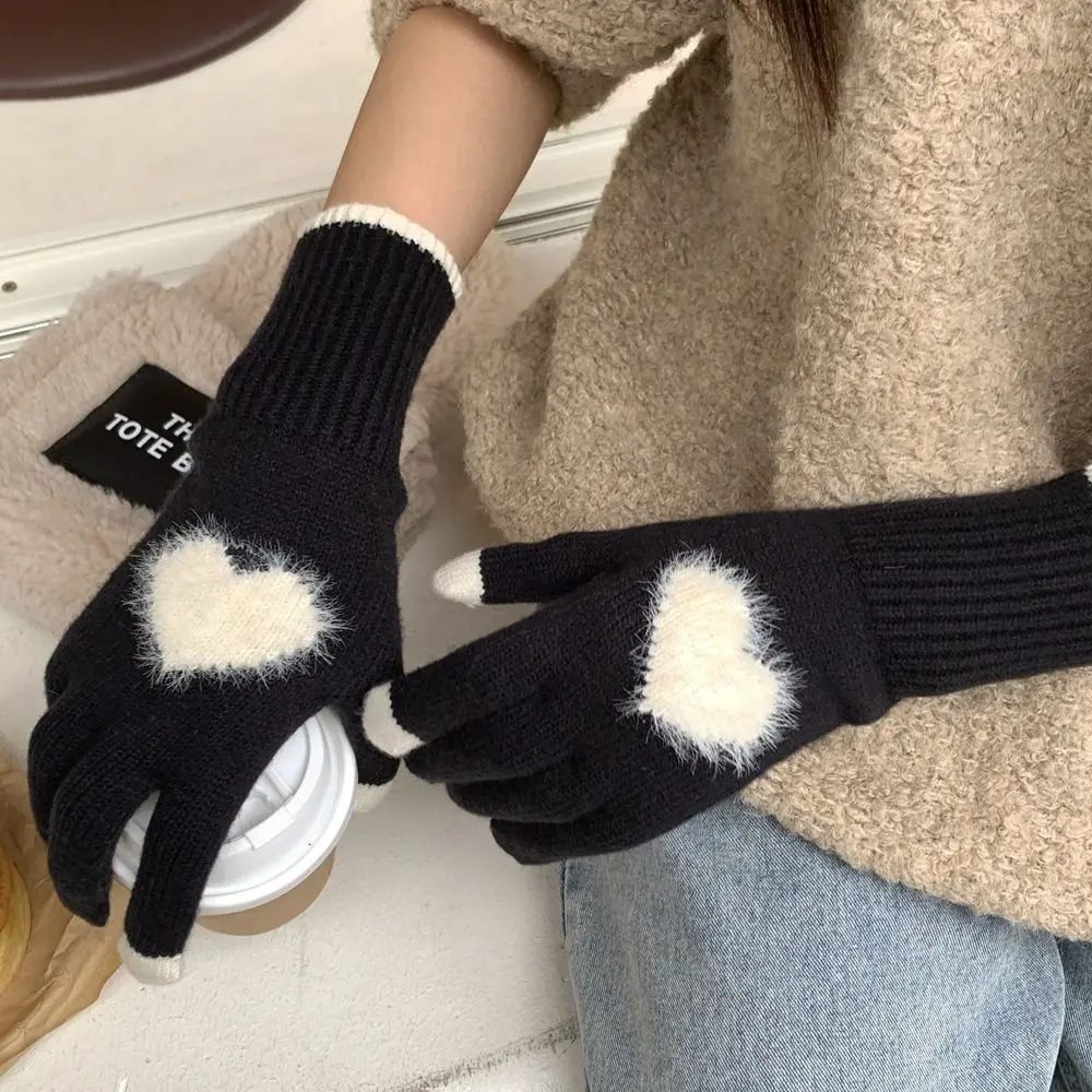 

Холодная погода, корейский стиль, перчатки с сердечками, толстые теплые холодостойкие зимние варежки, вязаные перчатки с сенсорным экраном, зимний сезон