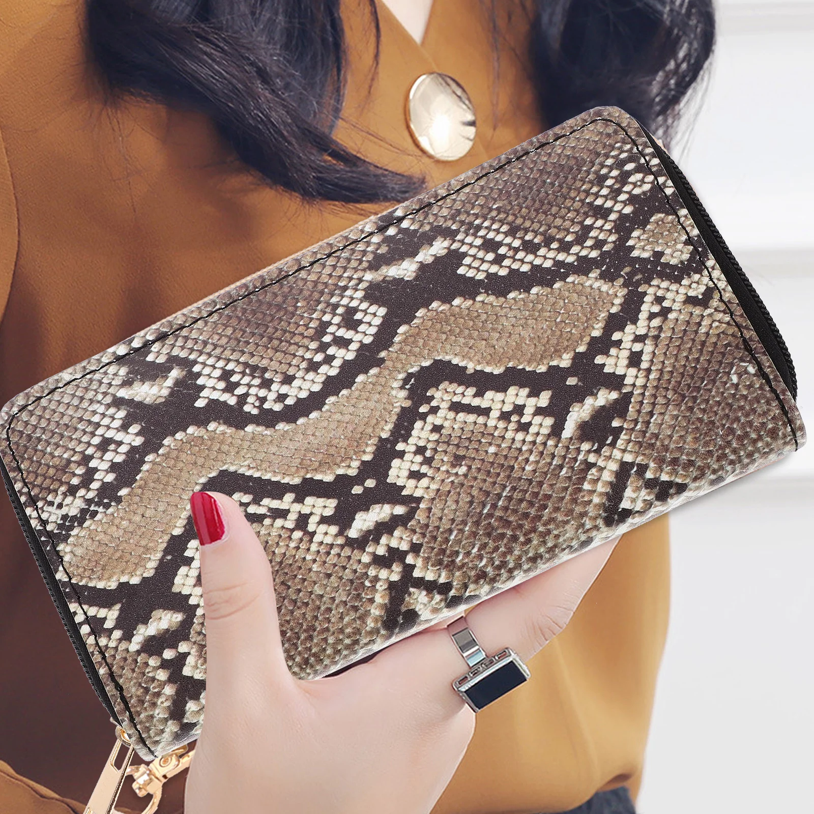 Snakeskin Pattern Women Wallet PU Clutch Purse Zipper Large Capacity Lightweight Practical Durable Gift Party Shopping