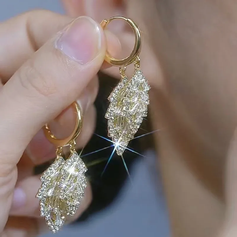 New Arrival Zircon Crystal Leaf Tassel Dangle Earrings for Women Elegant Wedding Party Earrings Jewelry Unusual Girl\'s Earrings