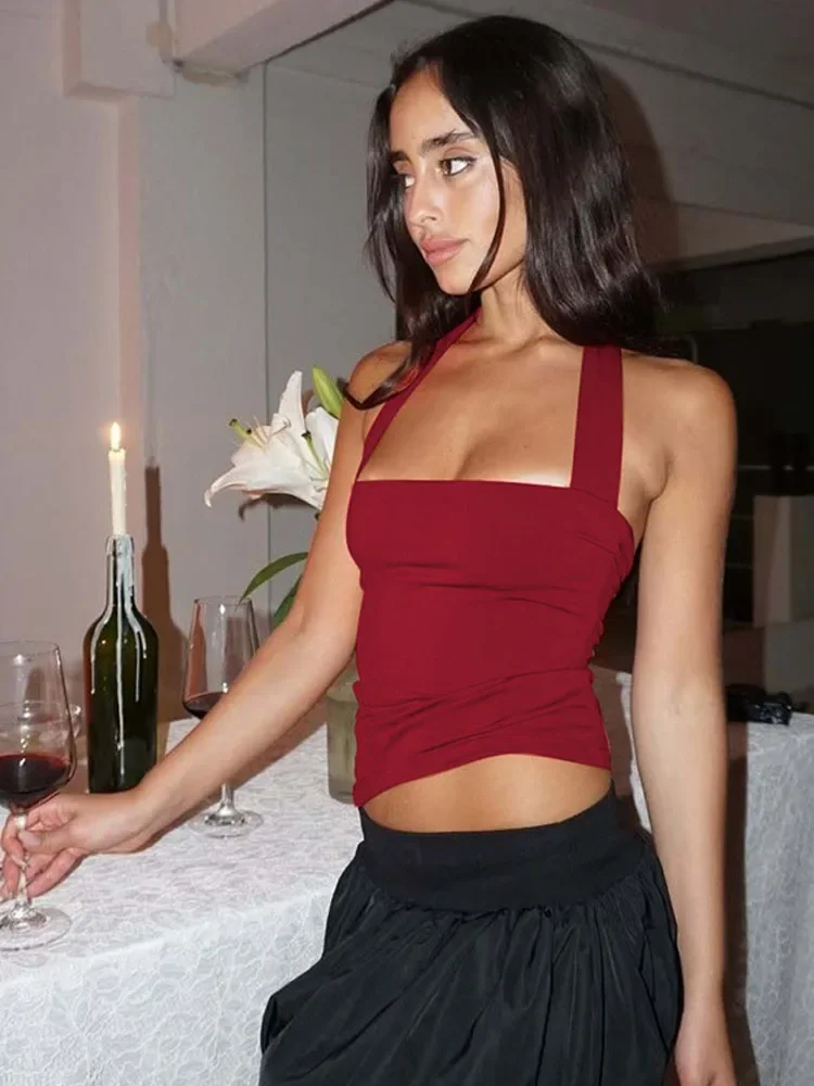 Sleeveless Halter Bodycon Backless Lace Up Crop Tank Top Women’S Solid Sexy Elegant Y2K Top Party Clubwear Summer Outfit
