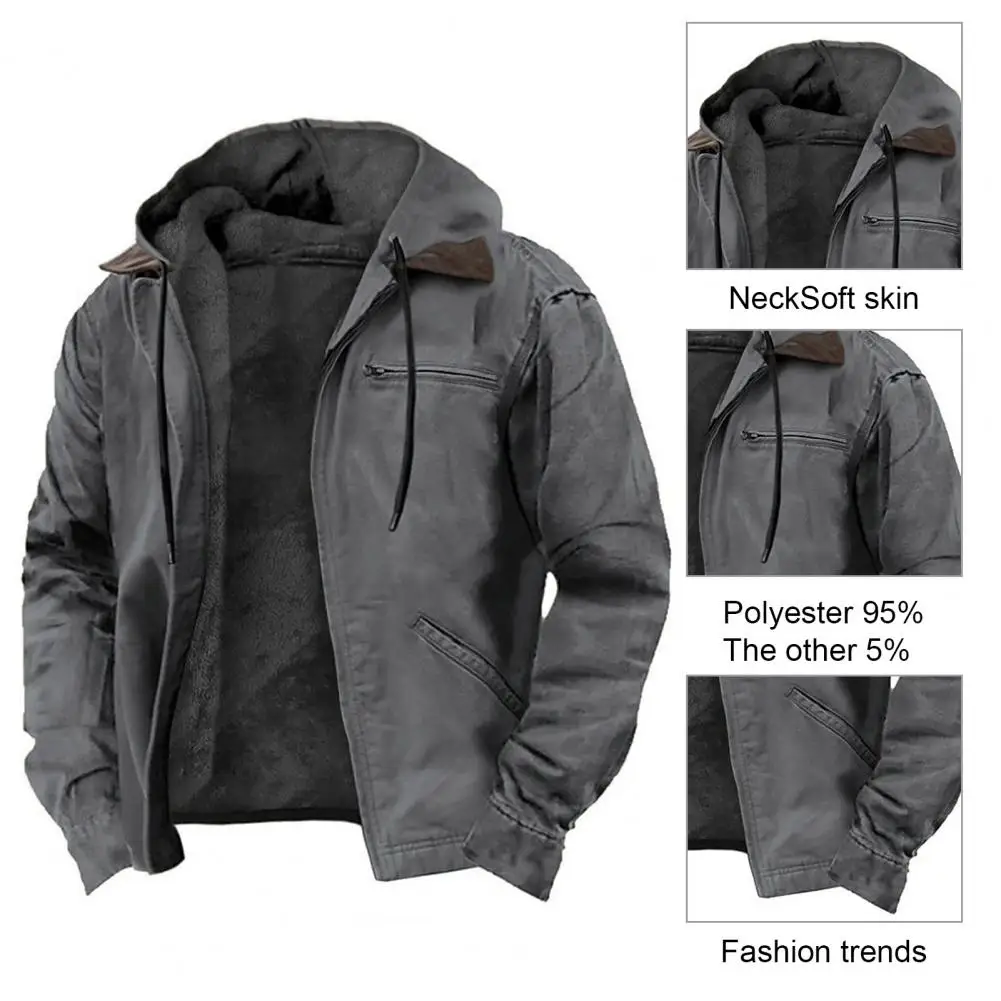 Breathable Coat Men's Hooded Sweatshirt Coat with Plush Lining Multiple Pockets Zipper Placket Jacket for Winter Warmth Style