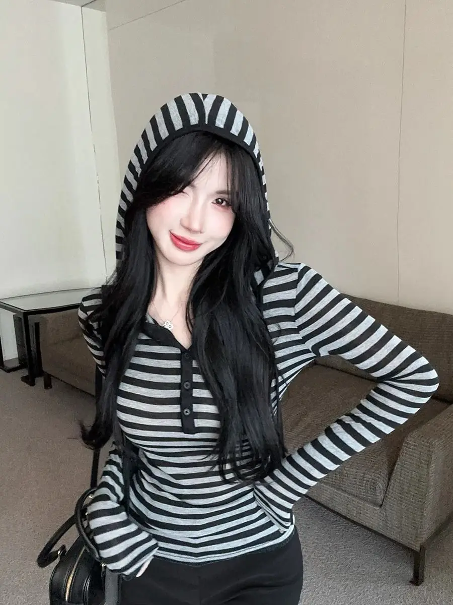 Pullovers Y2K Gothic Hoodie 90s Korea kpop Tops Slim Stripe Long Sleeves Casual Tee shirts Hot Girl Sexy Sweatshirt Sweet Hooded