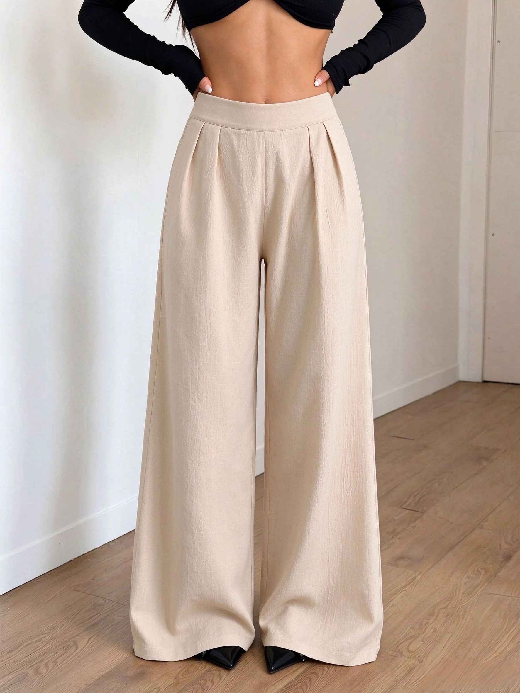 Women High Waist Pleated Wide Leg Pants Crinkle Textured Loose Palazzo Trousers High Elastic Waistband Casual Vacation Beach Bot
