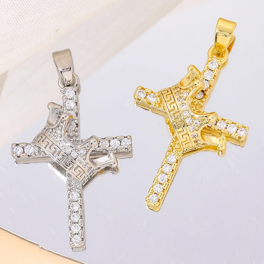 Juya 18K Real Gold Plated Micro Pave Zircon Handmade Catholic Christian Crosses Charms For DIY Religious Rosary Jewelry Making