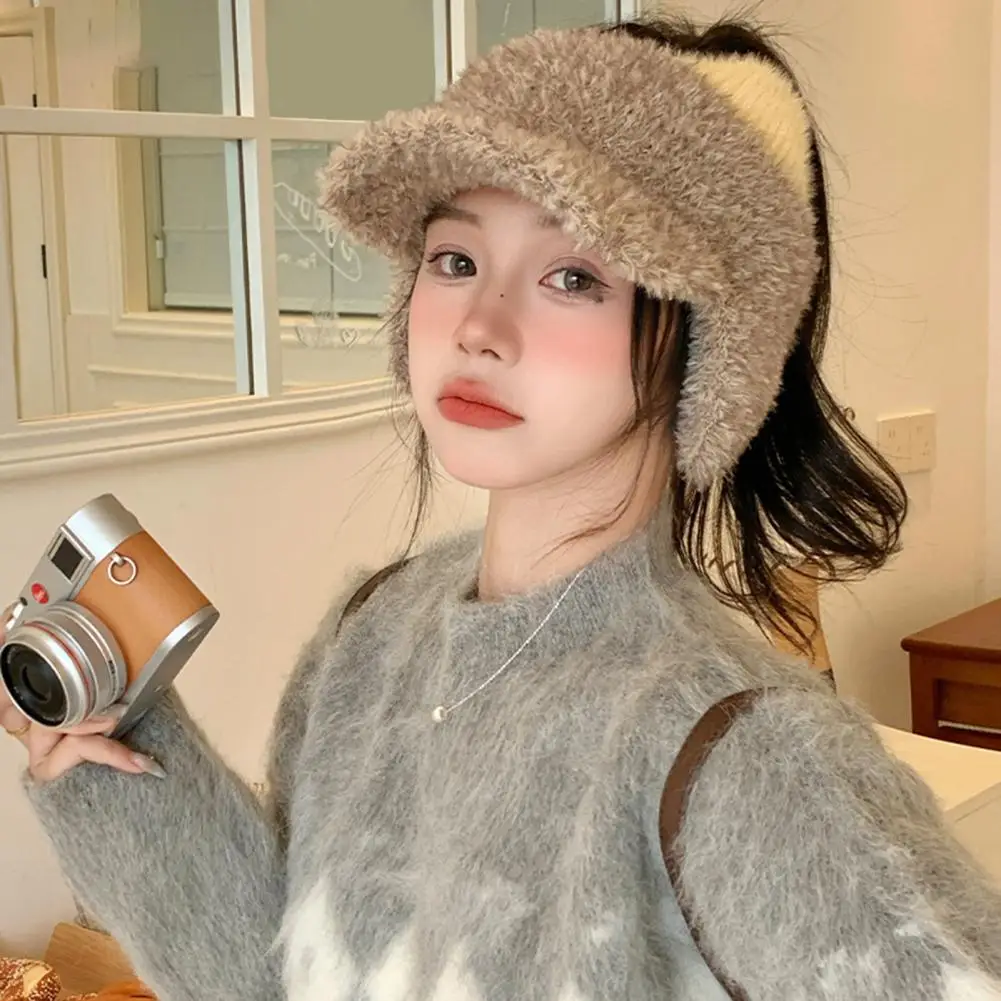 Winter Warm Plush Hat Winter Visor Cap with Ear Flaps Plush Hat with Brim Open Top Ponytail Winter Hat Cute for Women for Girls