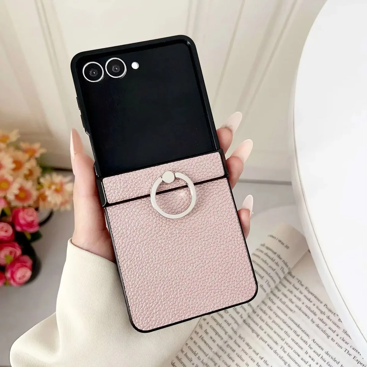Lychee-Muster PU-Leder Handyhülle mit Ringhalter und Scharnierschutz für Samsung Z Flip 8 7 FE 6 5 4 3 Flip8 Flip7 Flip6 Flip5