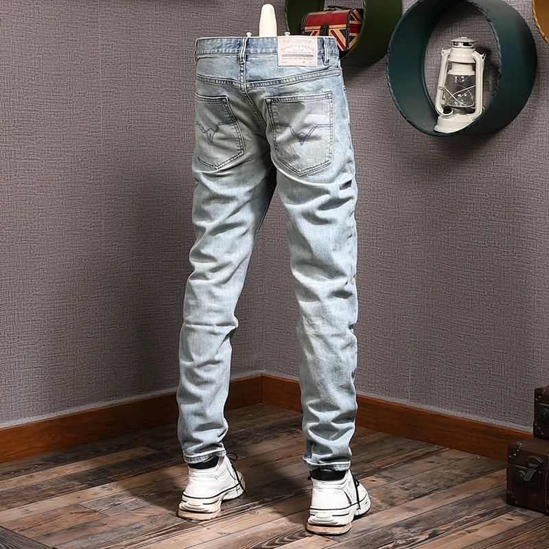 Italian Fashion Men Jeans Retro Light Blue Elastic Slim Ripped Jeans Men Stretch Trousers Vintage Designer Denim Pants Hombre