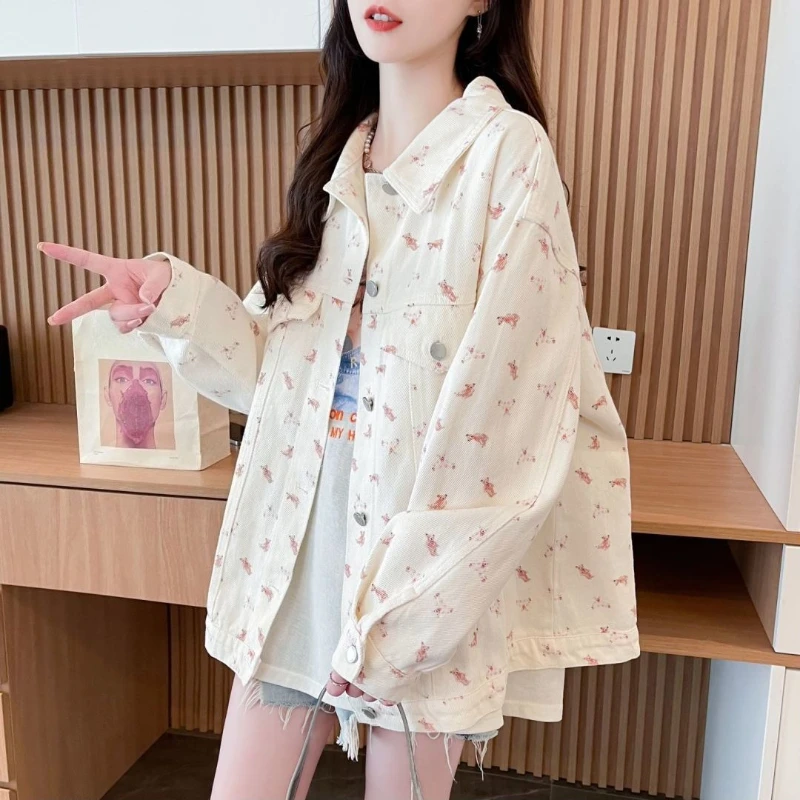 

Bear Print Denim Trendy Slim Fit Casual Denim Coat For Men & Women Korean Loose Style Spring Autumn Fashion