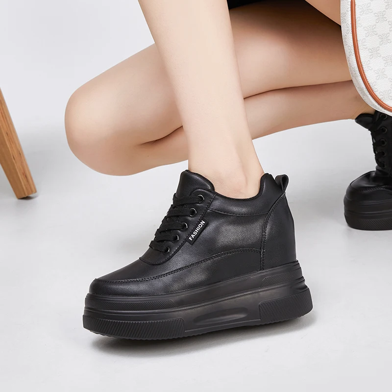 10cm Synthetic Genuine Leather Sneakers Women Spring Autumn Black Comfortable Platform Wedge Pumps High Brand Chunky Ankle Boots