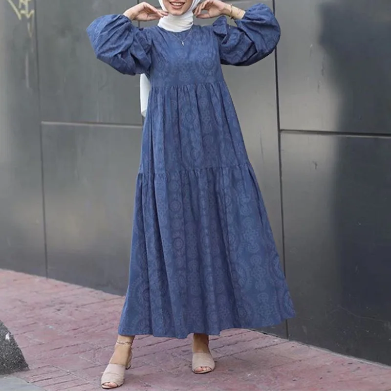 Plus Size Casual Abaya musulmano Donna Manica a sbuffo Abaya Abito musulmano Volant allentato Abito lungo da donna musulmana Trasporto di goccia