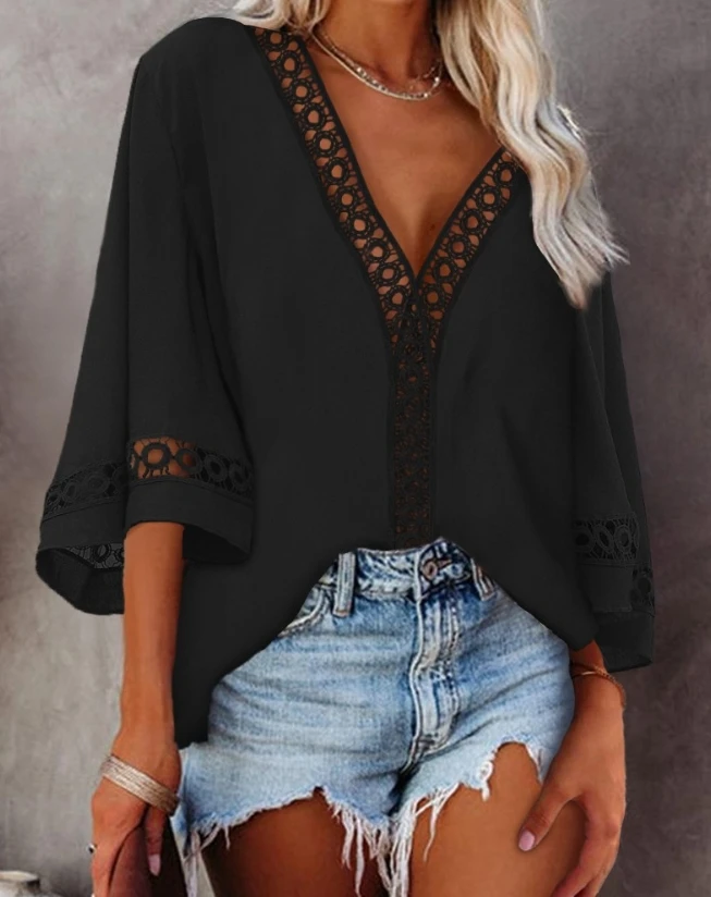 

Summer Women's Fashion New Hollow Bell Sleeve V-Neck Top Solid Color Sexy Off Shoulder Lace Hollow Loose Perspective Top