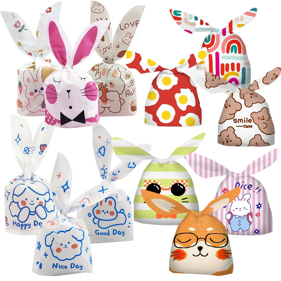 10/20pcs Rabbit Ear Bags Plastic Carton Animal Candy Bags For Kids Birthday Party Biscuits Baking Packings DIY Gifts Supplies