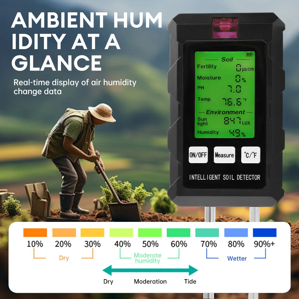6-in-1 Soil Tester Backlight HD Display Soil Fertility pH Detector Soil Temperature ℃/℉ Humidity Ambient Light Intensity Air Humidity Meter High Sensitivity Probe for Garden Farm Greenhouse Plant Cultivation Soil Monitoring Tool