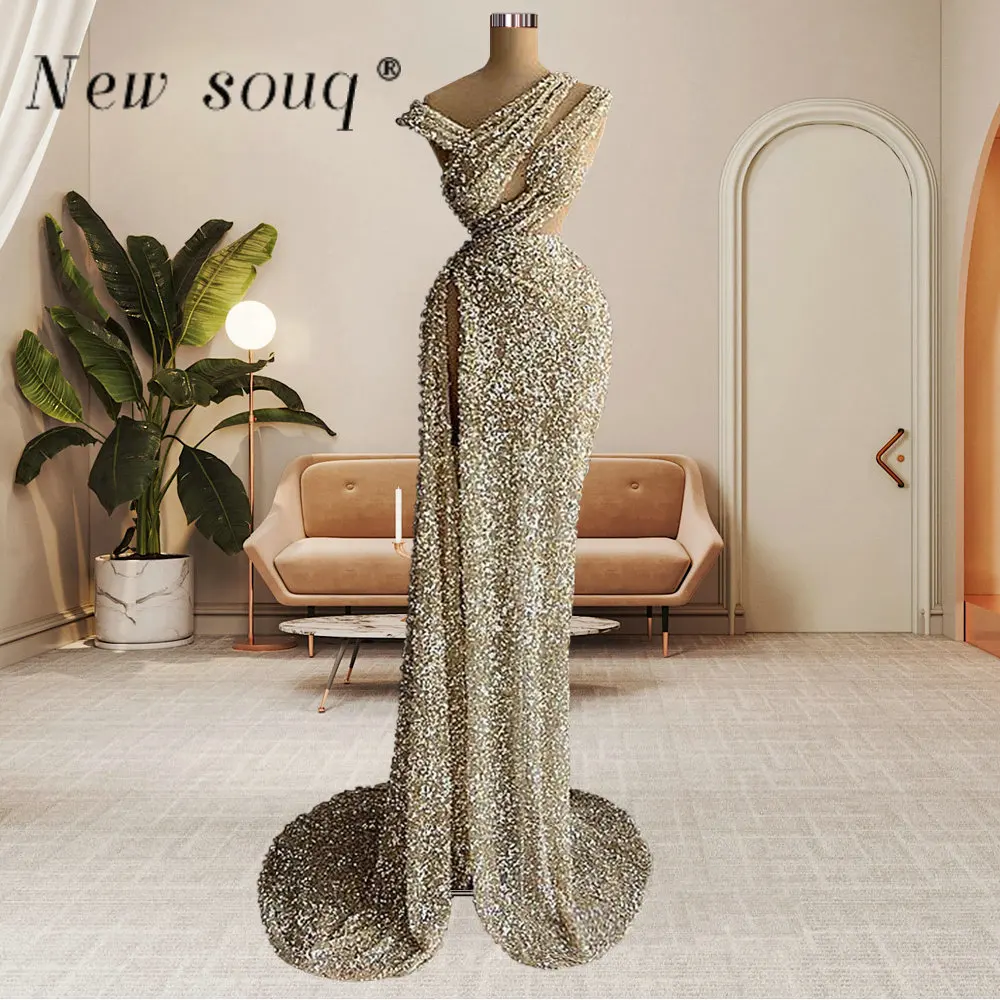 

Sparkly Champagne Long Sequins Evening Dresses with High Slit Sexy Cut Out Sleeveless Women's Dance Maxi Prom Gowns