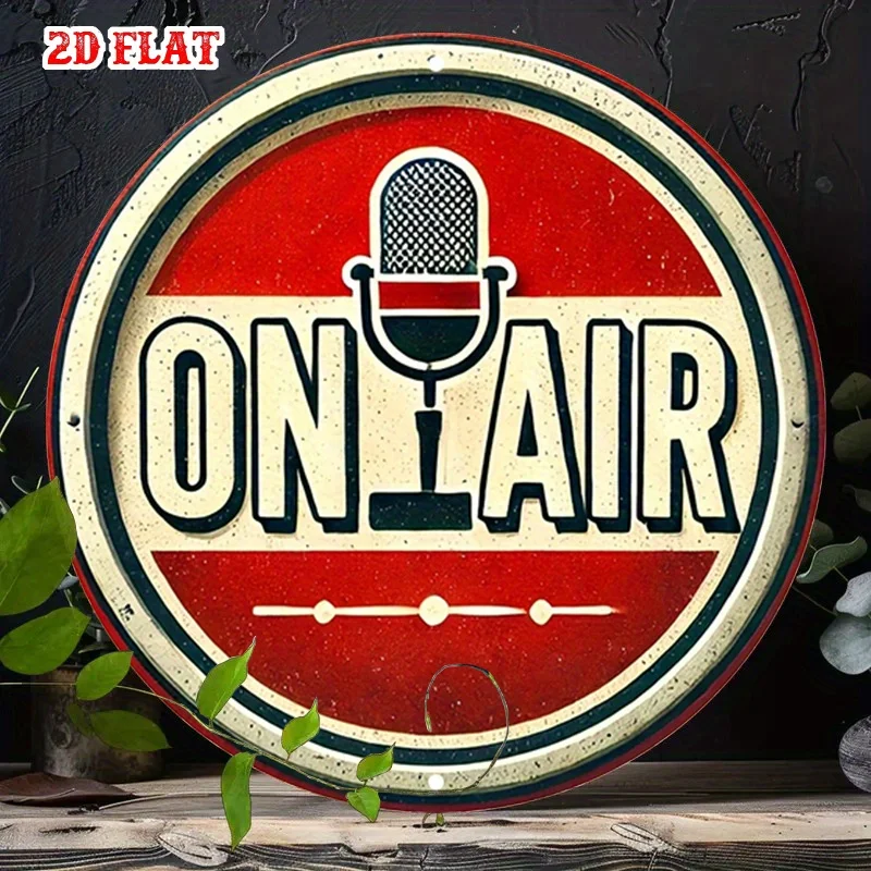 2D Flat 1pc Broadcasting Round Aluminum Sign  Sign Round Aluminum Sign Vintage Microphone Metal Sign - On Air Rustic Metal