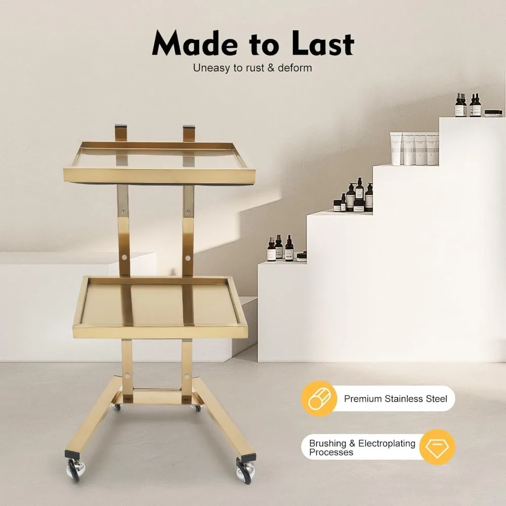 عربة دوارة معدنية من طبقتين، صينية صالون من الفولاذ المقاوم للصدأ مع عجلات، عربة أدوات قابلة للطي، عربة صالون، عربة طبية