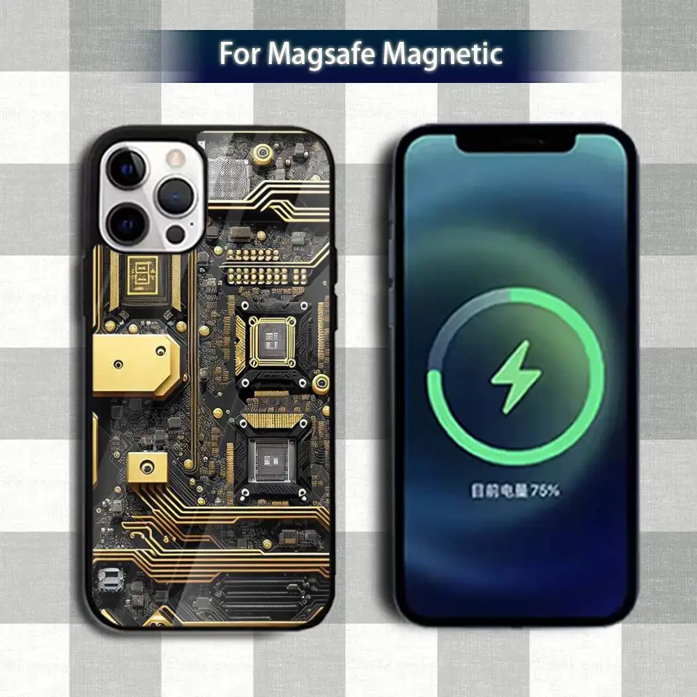 Custodia per telefono con scheda circuito C artistica stampata per iPhone 13,12,15,17,11,16,14,Pro,Max,Plus,Mini,Magsafe, custodia di ricarica wireless magnetica