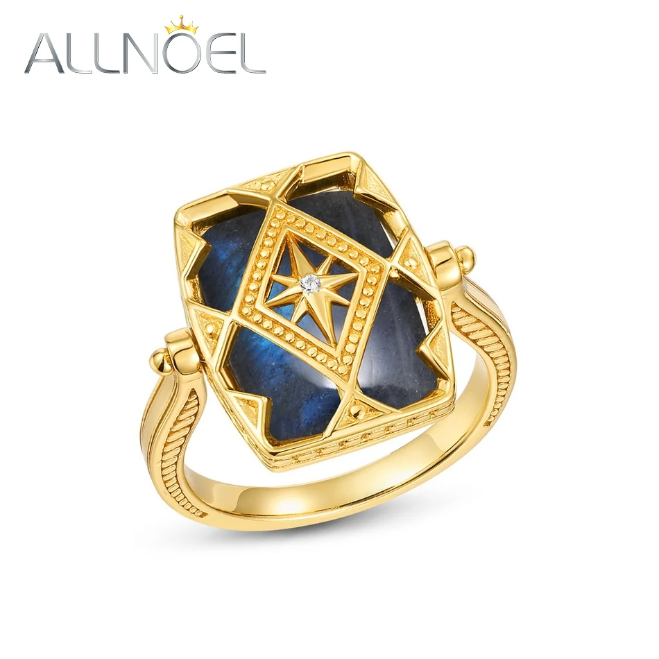 ALLNOEL Natural 13*10MM Blue Labradorite 925 Sterling Silver Rings Women Double Side Reversible Gold Plated Vintage Jewelry Gift