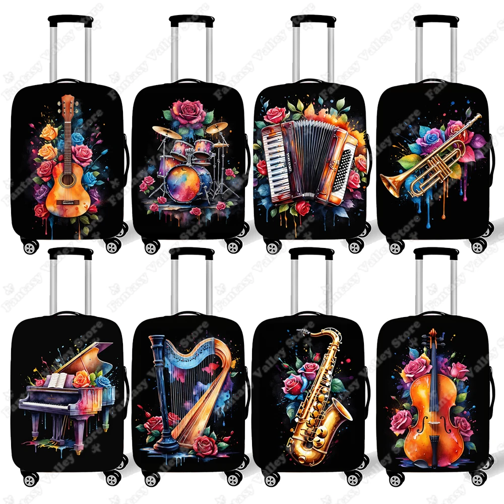 

18-32 Inches Watercolor Musical Instruments Flowers Luggage Cover Piano Guitar Drums Violin Saxophone Suitcase Protective Cover