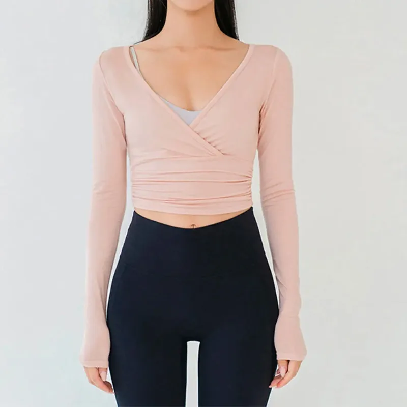 New sports T-shirt women's long sleeved V-neck slim fit breathable dance fitness top yoga suit