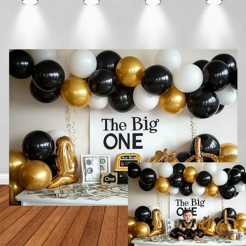 

LS Photography Background Black White Gold Balloon Arch The Big One Sign Decor Birthday Kids Portrait Photo Backdrop Studio