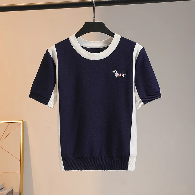 Ice Silk Embroidered Dog T-irt Women's Summer 2024 ort Sve Overhead round Ne Knitwear Faionable Commute Sle