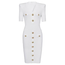 2025 Spring/Summer New Fashion Knitted Elastic Short Sleeve Solid Color Gold Button Slimming Style Commuter Women's Dress