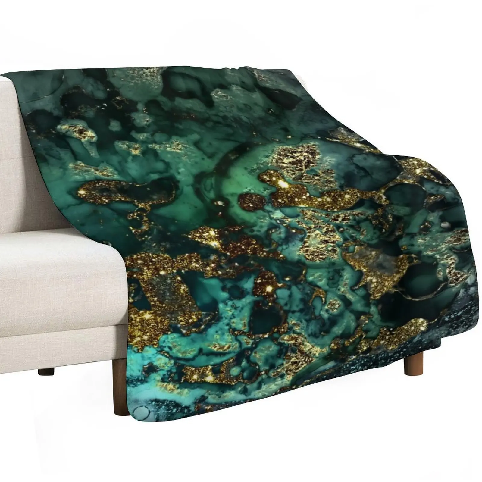 Gold Indigo Faux Malachite Marble Throw Blanket Long Lasting Soft Plush Blanket for Daily Use