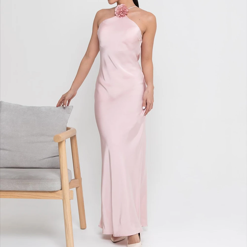 

Customized A-line Evening Dresses Ankle-length Spaghetti Strap Sleeveless Prom Gown Fashion Flowers Backless Draped Party Gown