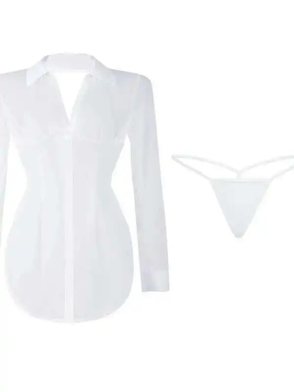 Vestido corto Sexy con cuello vuelto, parte de atrás bonita, escote en V profundo, camisa de secretaria OL dividida, camisas finas transparentes de encaje de malla elegante 8RWL