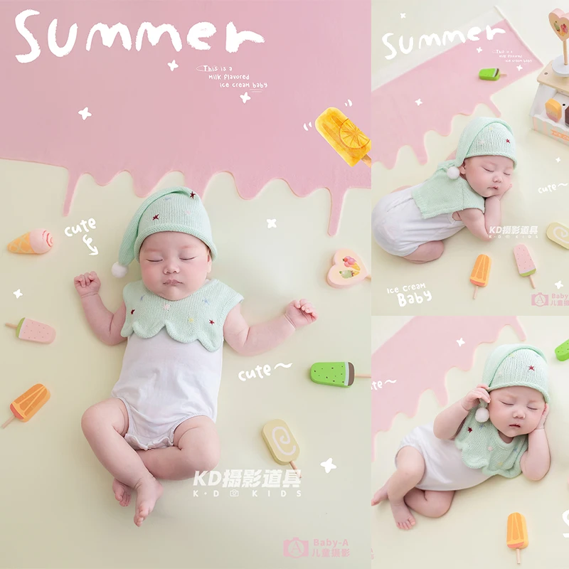 newborn-photography-costume-soft-knitted-mint-green-hat-white-jumpsuit-summer-ice-cream-theme-studio-shooting-props