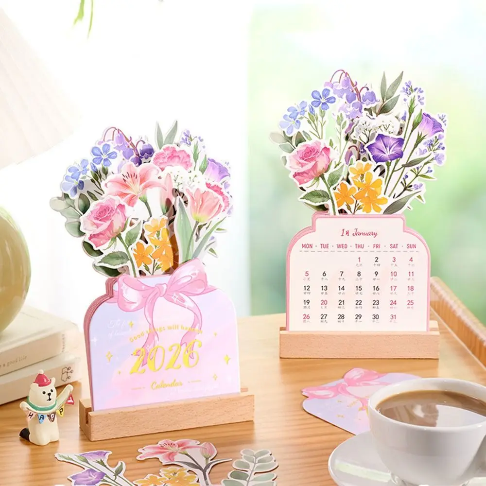 

Wooden Base 2026 Desktop Calendar Detachable Base Floral Theme Bloomy Flowers Desk Calendar DIY Date Display Monthly Planner
