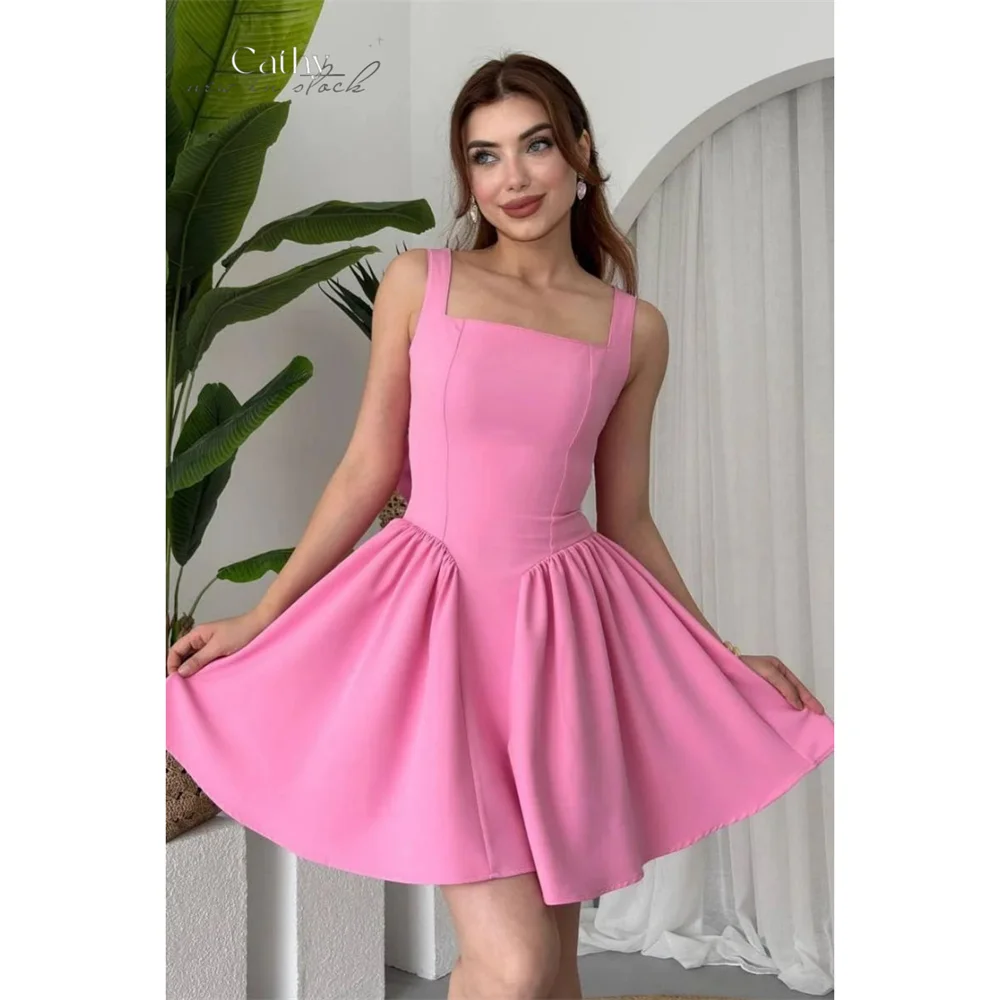 

Cathy Customized A-Line Ball Gown Pink Wedding Dress Square Collar Bow Backless vestidos de noiva Corset Mini Formal Evening2025