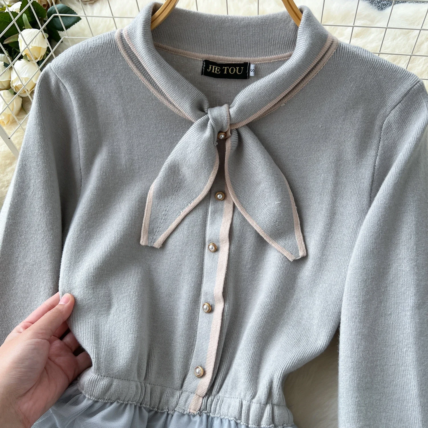 Chic Turn-down Collar Knit Elegant Embroidered Mesh Spliced Fairycore Dress High Street Women Vintage Korean Autumn Clothing