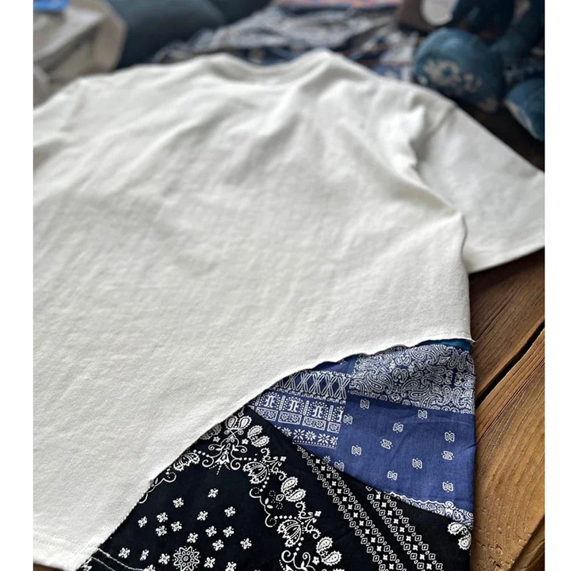 Lucky Sartorius New Arrival Japanese Ethnic Style Cashew Flower Pocket Splicing Summer Short Sleeved T-shirt Men's All Cotton T