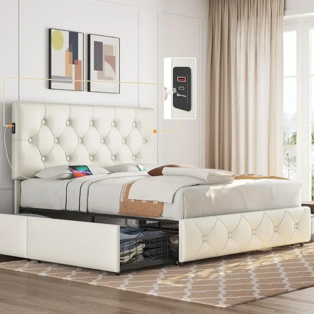 Queen Size Upholstered Bed Frame Ports for Type A & Type C/4 Storage Drawers/Adjustable Headboard, Black Bed Bases image 2