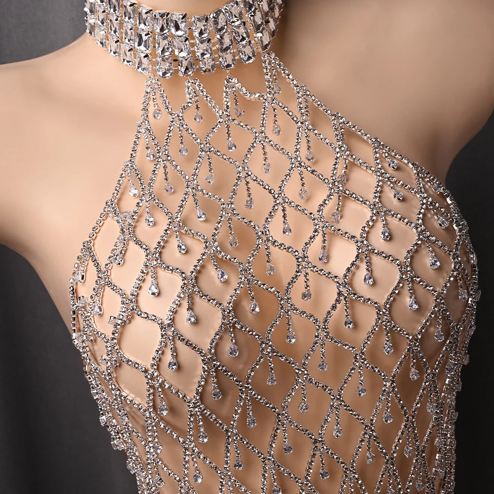 Nuova festa di tendenza, catena per il corpo con frange a goccia d'acqua sexy, catena per il corpo da donna con catena sul petto con strass personalizzata