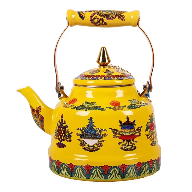 Enameled Teakettle with Ceramic Handle,Tibet good luck yellowTea Kettle for Stovetop/induction cooke Hot Water No Whistling 2.4L