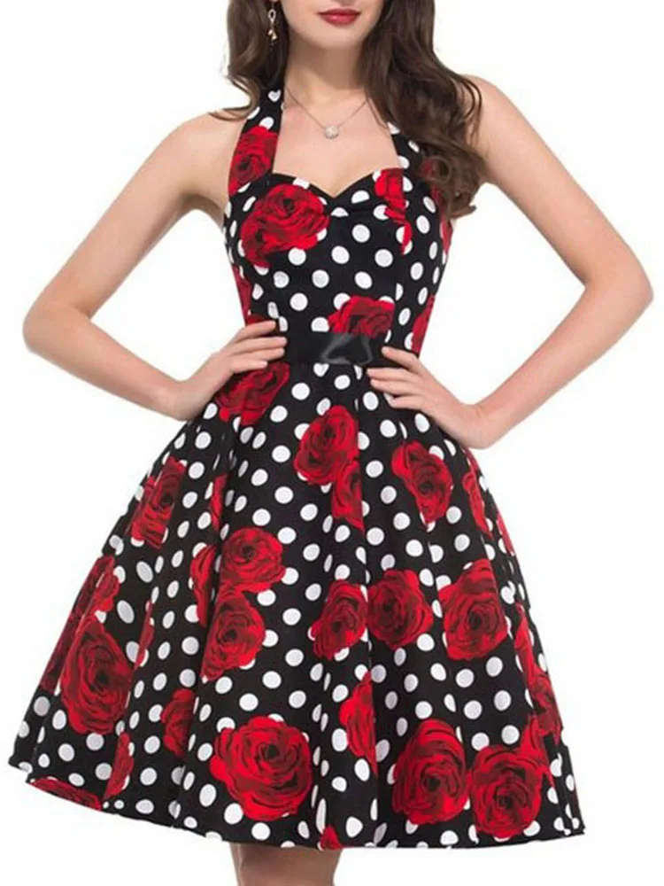Delle donne di Estate del Puntino di Polka Dell\'annata di Modo del Vestito Del Partito di Office Lady 50s 60s Rockabilly Grande Swing Halter Abiti
