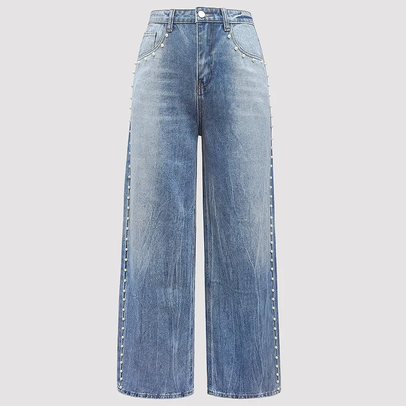 Y2K Pearl Wide-leg Jeans Retro Gradual Change Washed Side Pearl Rivets High Waist Straight Trousers