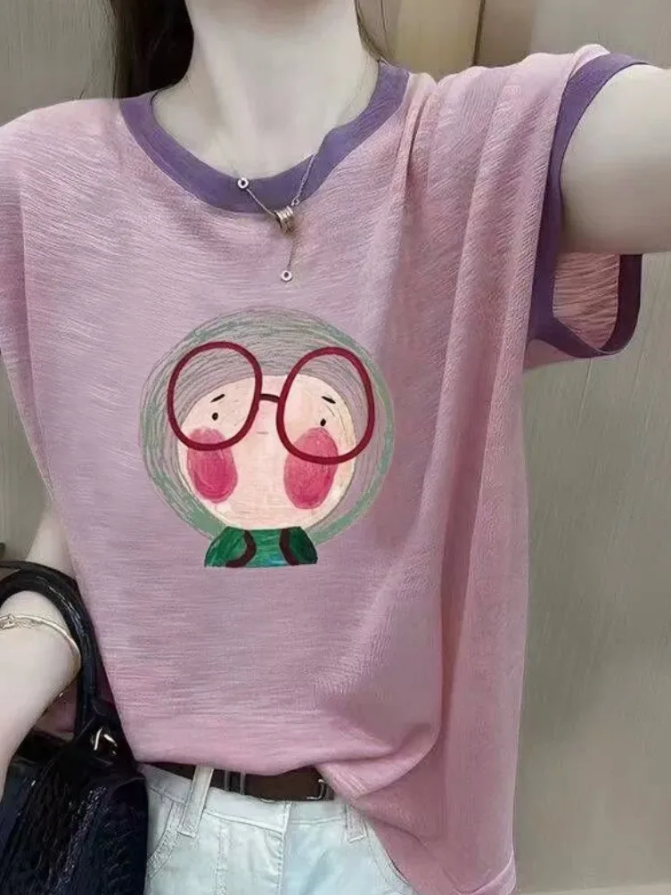 Outlet Zomer Ice Silk ort Sve T-shirt Dames Faion ronde Ne Dunne bedrukte top Cool Sensation Loose Fit Normale lengte