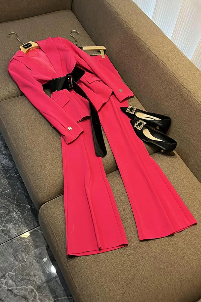 

High Quality Bright Solid Office Lady Suit Single-breasted Long Sleeve Blazer Flared Pants Women 2Pcs With Belt