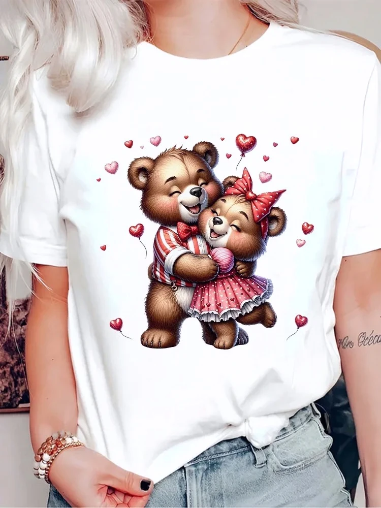 Ladies Valentine Day Bear Hug Heart Bow Print T-Shirt Cute Bear Couple & Heart Design Round Neck Short Sleeve Top Everyday Shirt