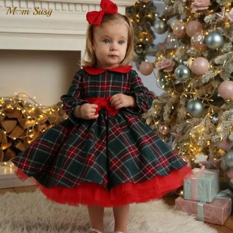 Baby Girl Princess Plaid Tutu Dress Bow Christmas Child Vestido Long Sleeve Xmas Party Carnival Costume Baby Clothes 1-7Y