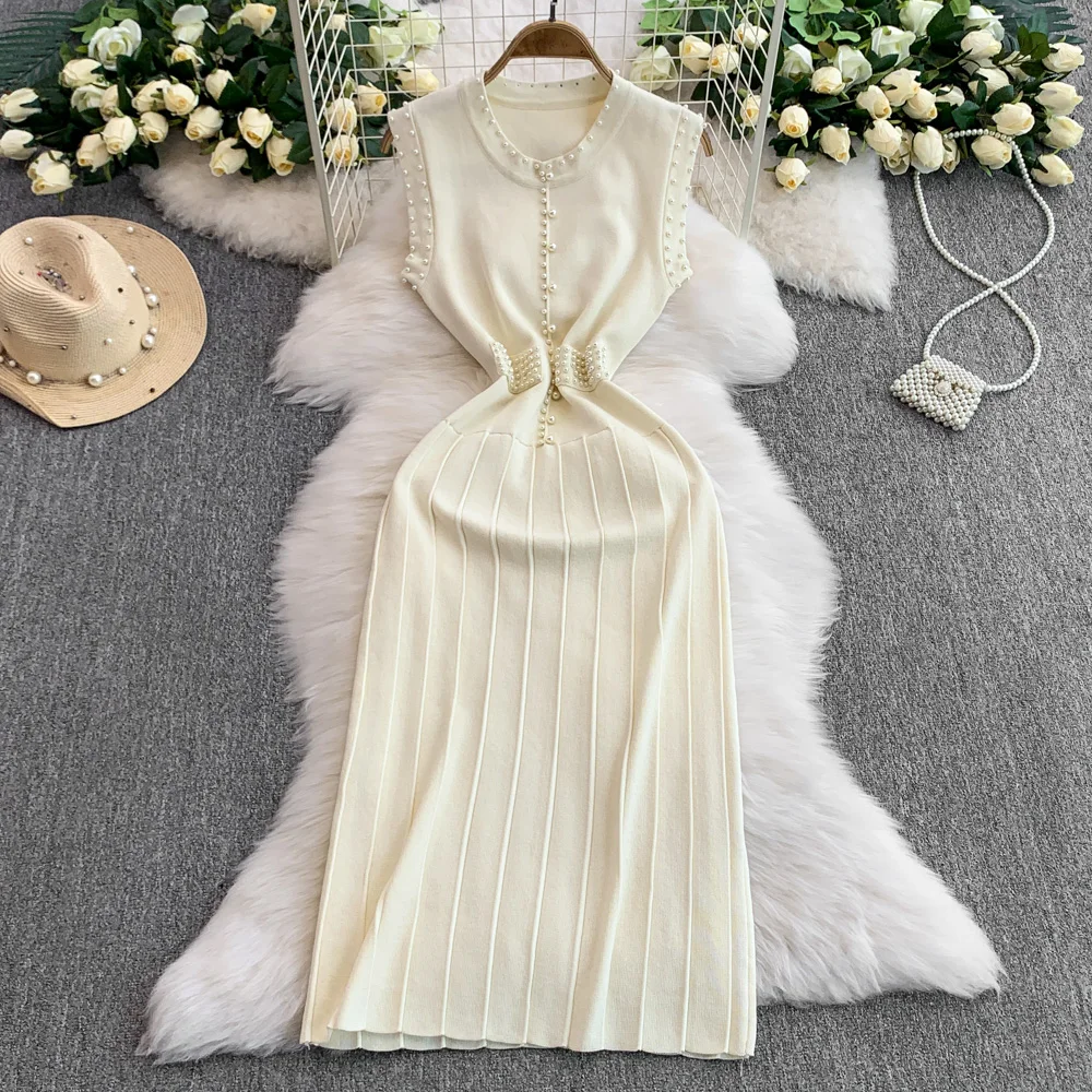 

Sexy O-Neck Beading Bodycon Knit Dress Chic Sexy Vintage Fashion Party Sundress Women Elegant Slim Pencil Vestidos