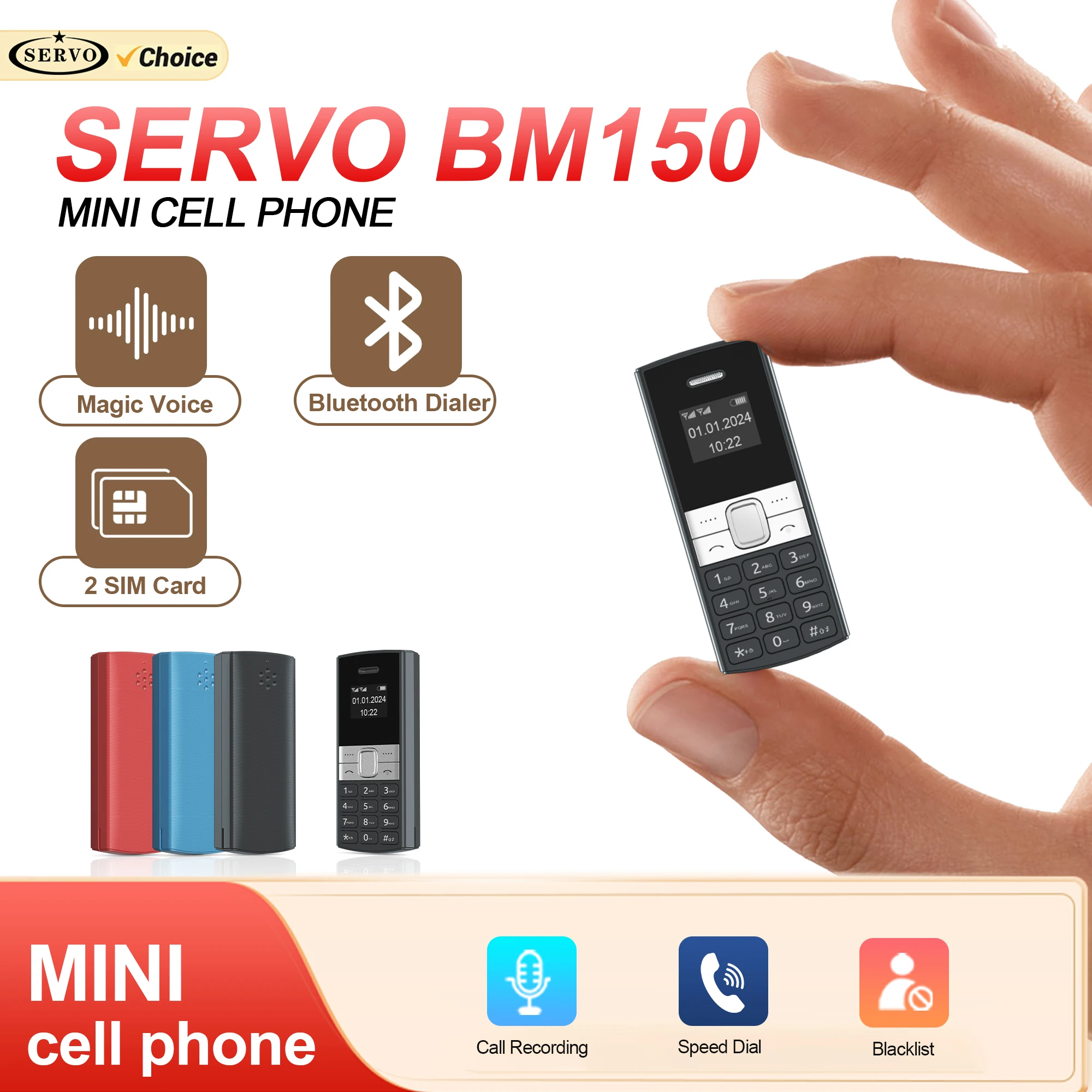 SERVO BM150 Mini Backup Mobile Phone Speed Dial Magic Voice Auto Call Recording Blacklist Small Feature Cellphones 2 SIM Standby